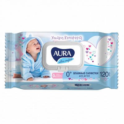 Aura Ultra Comfort Влажные салфетки для детей с экстрактом алоэ и витамином Е, 120 шт