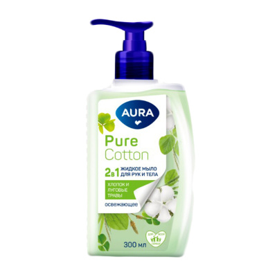 Aura Pure Cotton 2 в 1 Мыло жидкое для рук и тела Хлопок и луговые травы, 300 мл