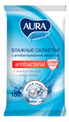 Aura Family Влажные салфетки антибактериальные, 15 шт