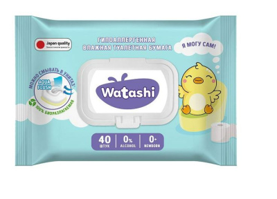 Watashi Влажная туалетная бумага детская с крышкой, 40 шт