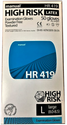 High Risk Перчатки медицинские смотровые Manual HR419 нестерильные латексные размер L, 50 шт (цена за 2 шт)